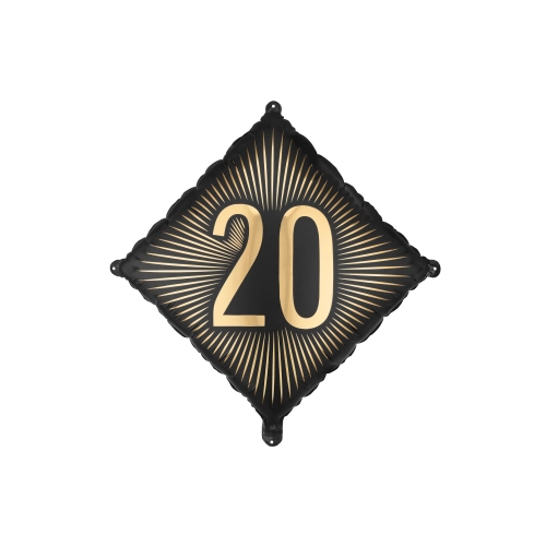 Balon folie negru „20” cu inscripție aurie, 46 x 46 cm